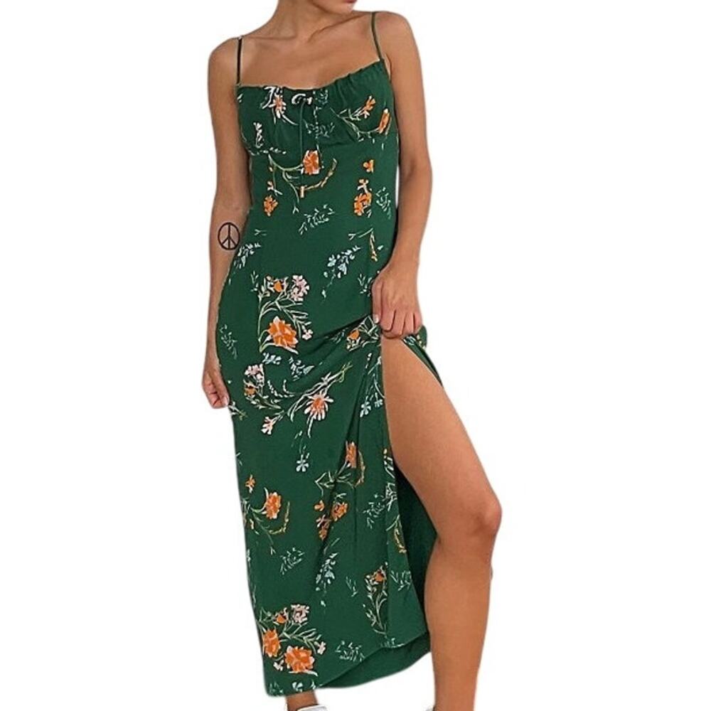 Urban Outfitters April Tie Back Midi Slip Dress In Green Floral Multi Print